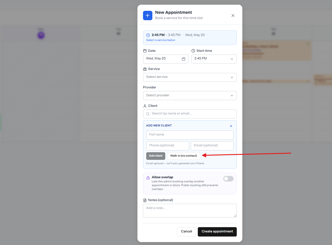 Walk-in no contact option